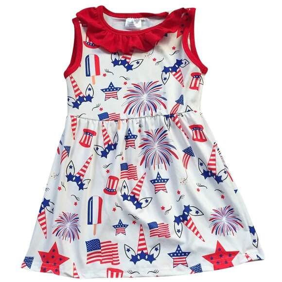 Little Girl Toddler Sleeveless Unicorn Fireworks American Flag USA 4th Of july - Picture 1 of 4
